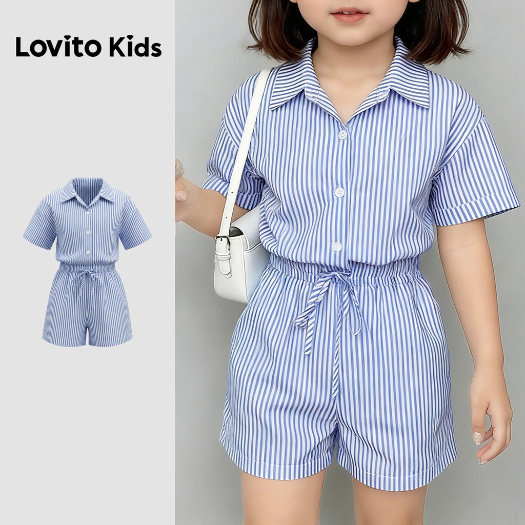 (NEW) Lovito Kids Macacão Casual com Botão Primavera/verão Azul para Menina L180