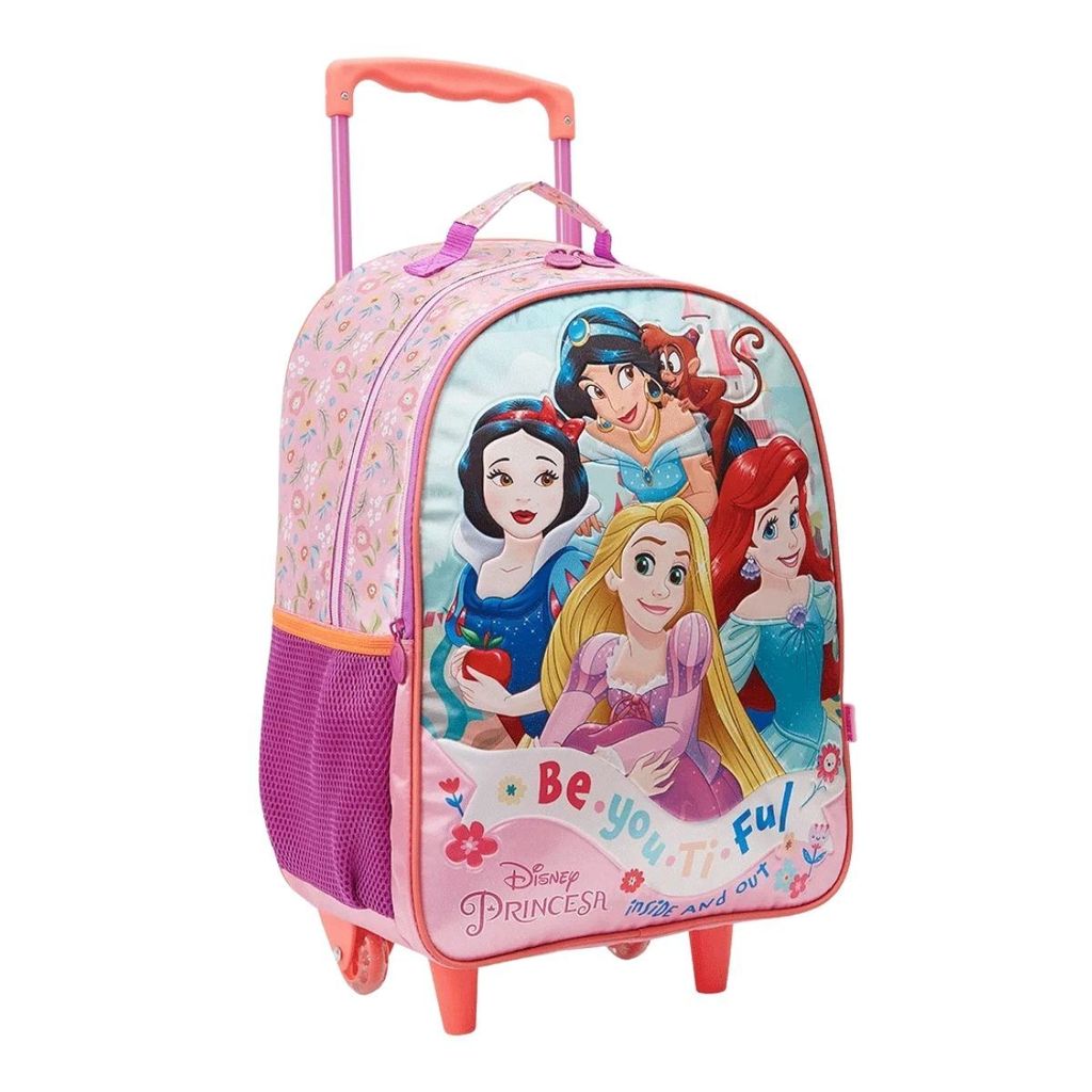 Mochila das Princesas Disney de rodinha Escolar Infantil oficial Xeryus Ariel Rapunzel Jasmine e branca de neve
