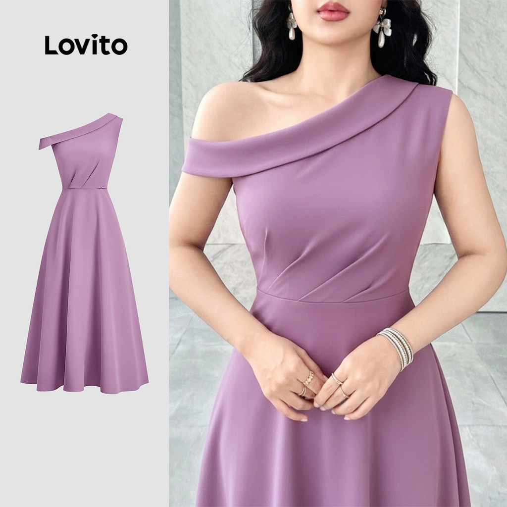 Lovito  Vestido Elegante com Zíper Assimétrico para Mulheres, Roxo, Primavera/Verão L171ED009 em Oferta na Shopee