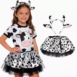 Fantasia de Vaca Infantil pra Menina Kit com Saia e Tiara Malhadinha