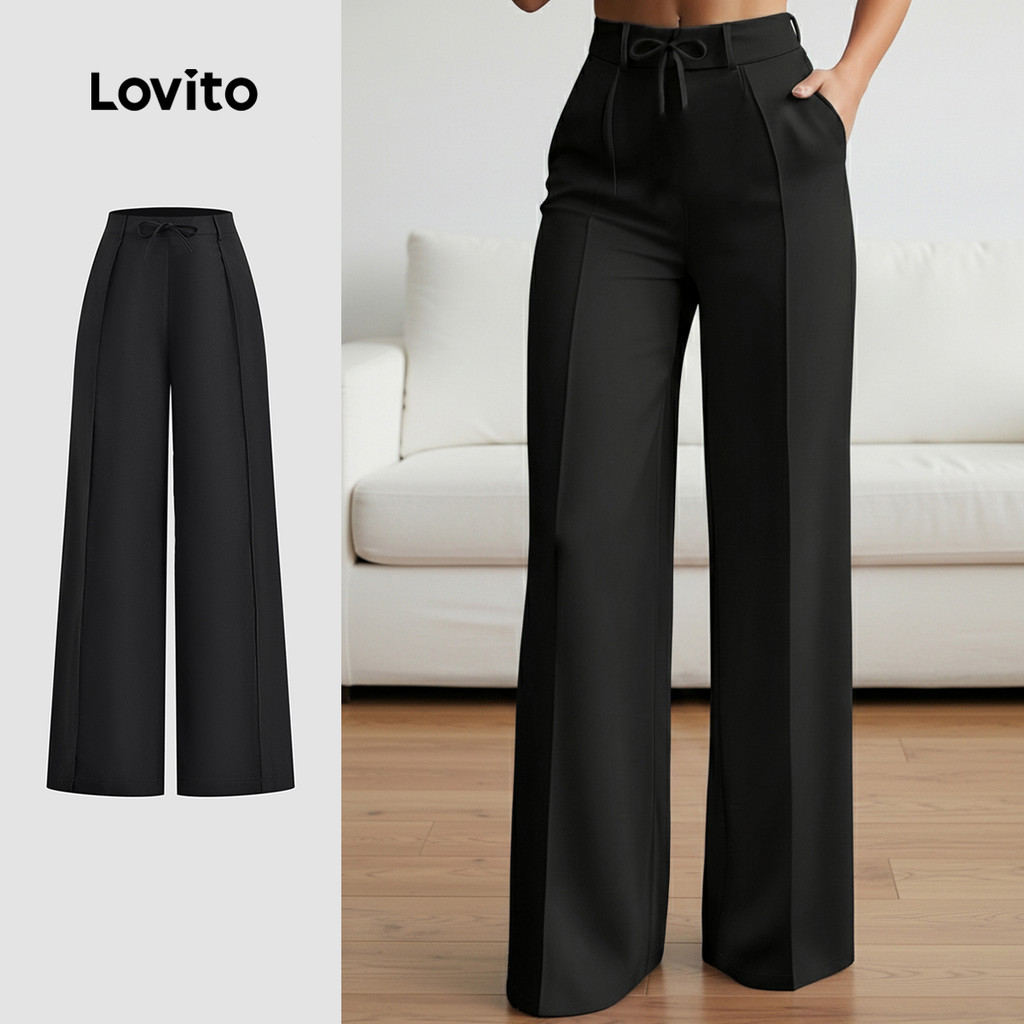 Lovito Calças elegantes com cadarço, calças pretas clássicas e versáteis de primavera/verão para mulheres LBL32217 em Oferta na Shopee