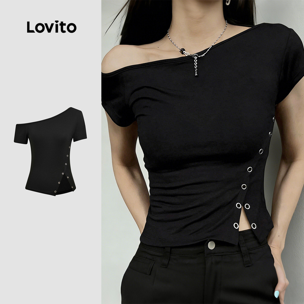 Lovito  Camiseta Casual Assimétrica Botão Primavera/verão Preta Camiseta para mulheres. L171ED351 em Oferta na Shopee