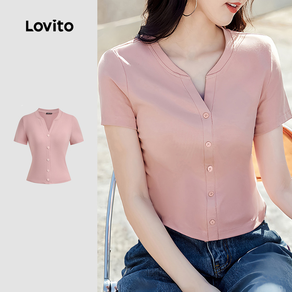 Lovito Camiseta Feminina Elegante Com Botões Frontais Para Primavera/verão L143ED017 em Oferta na Shopee