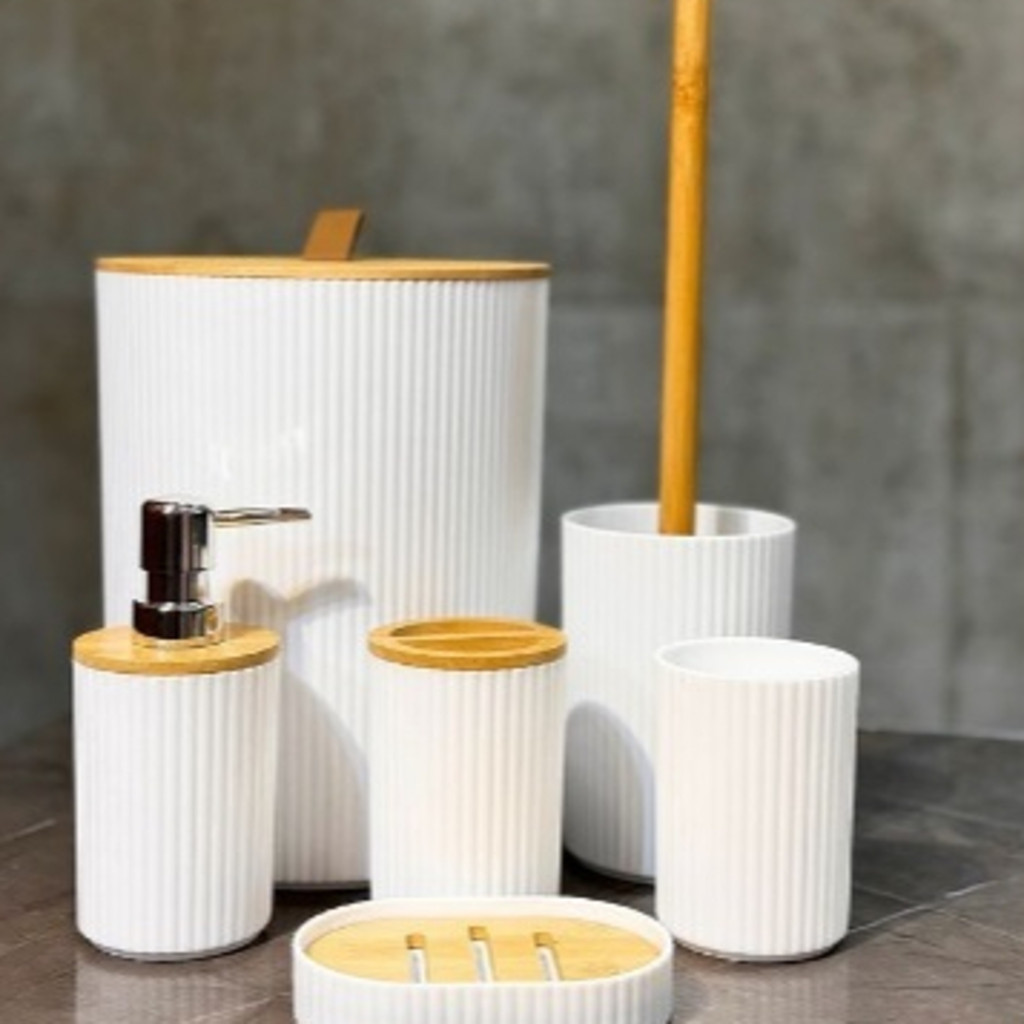 Oferta Conjunto De 6 Utensílios Para Banheiro Lixeira Saboneteira Porta Escova Bambu Lavabo 4 Unidades Decoração