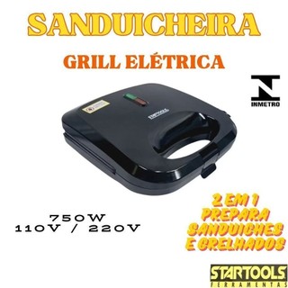 Sanduicheira Grill Elétrica 750W 220 Ou 110V Grelha Duplas 2 Em 1 Grelhados E Sanduíches 21,5x22x7,5