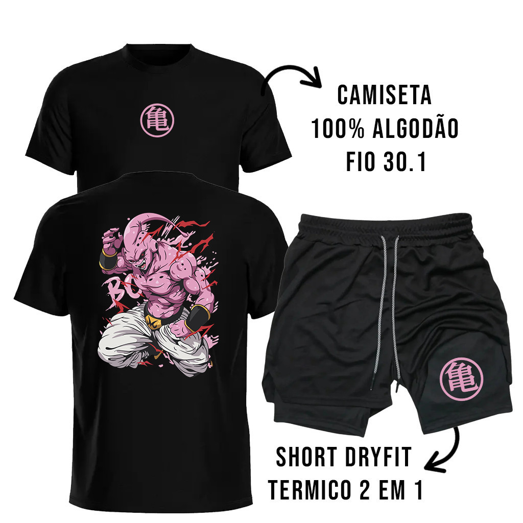 Kit Camiseta Algodão Bermuda Compressão 2 em 1 Dry Fit Majin Boo Academia Treino Musculação Streetwear Fitness Unissex