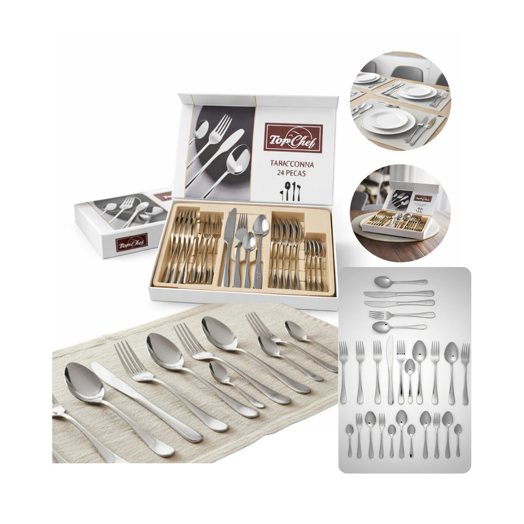 Faqueiro 24 Peças Aço Inox Prata Talheres Completo Jogo Mesa Jantar Cozinha Resistente Luxo Elegante