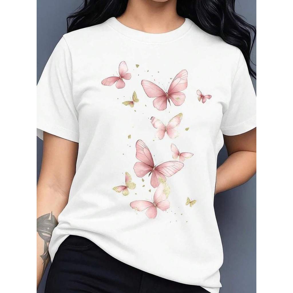 Camisa feminina estampada fofa Confortável Modelo: Borboletas Rosa Voando 100% algodão conforto