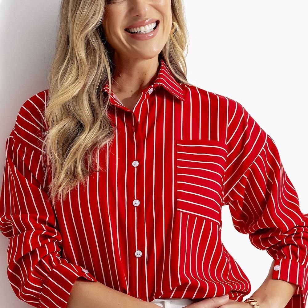 Camisa Em Tecido Poliéster Listrado Vermelho Quintess em Oferta na Shopee