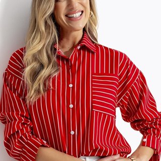 Camisa Em Tecido Poliéster Listrado Vermelho Quintess em Oferta na Shopee