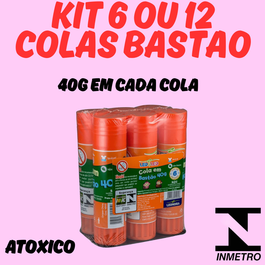 Kit 6 ou 12 Colas Bastão Leo&Leo Material Escolar Lavavel Escritorio Não Toxico Infantil