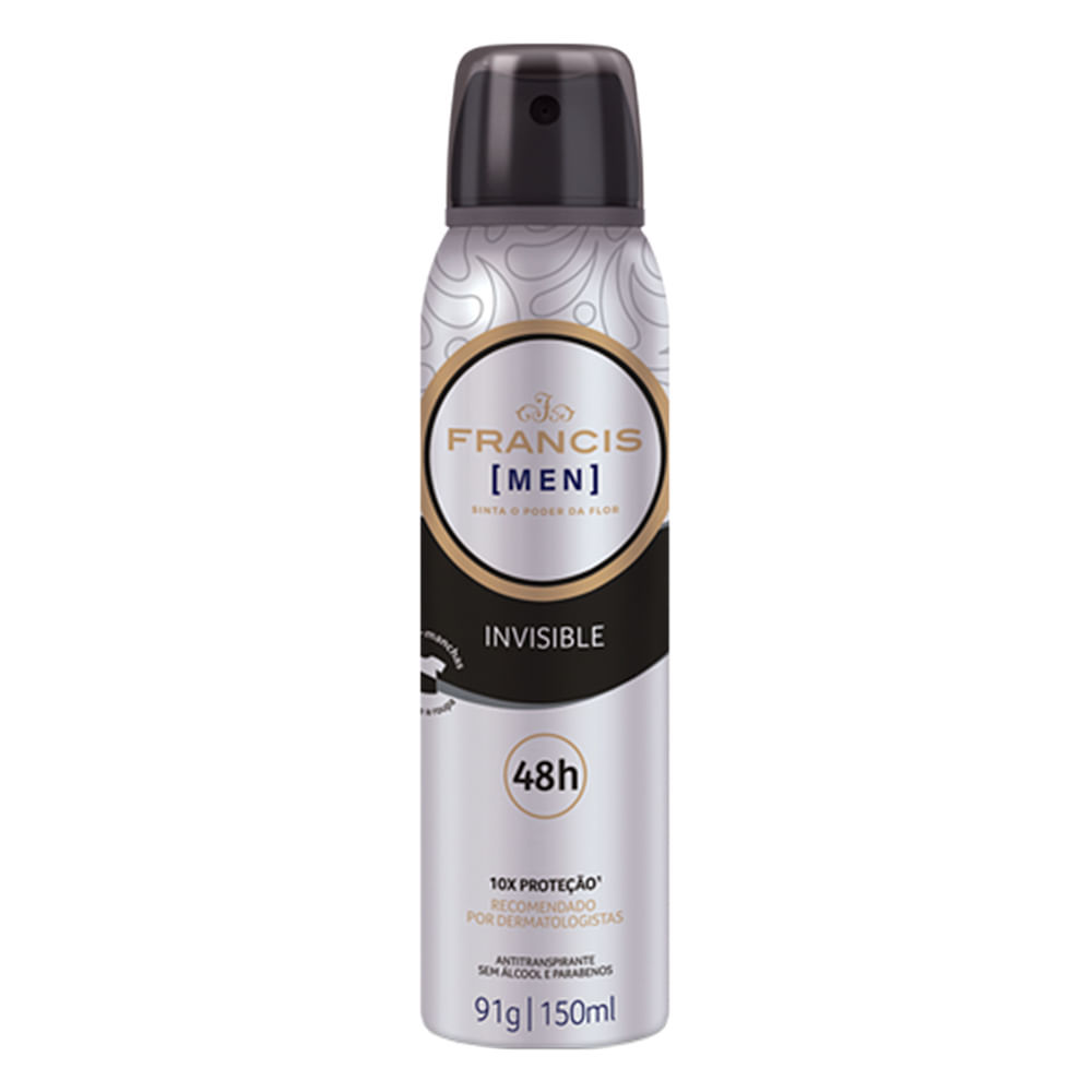 Desodorante Francis Men Invisible Aerosol Antitranspirante 48h 150ml em Oferta na Shopee