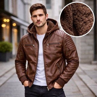Jaqueta Couro Masculina Forrada Premium Inverno Europeu Casaco Quente Elegante Proteção Vento E Frio Alta Qualidade