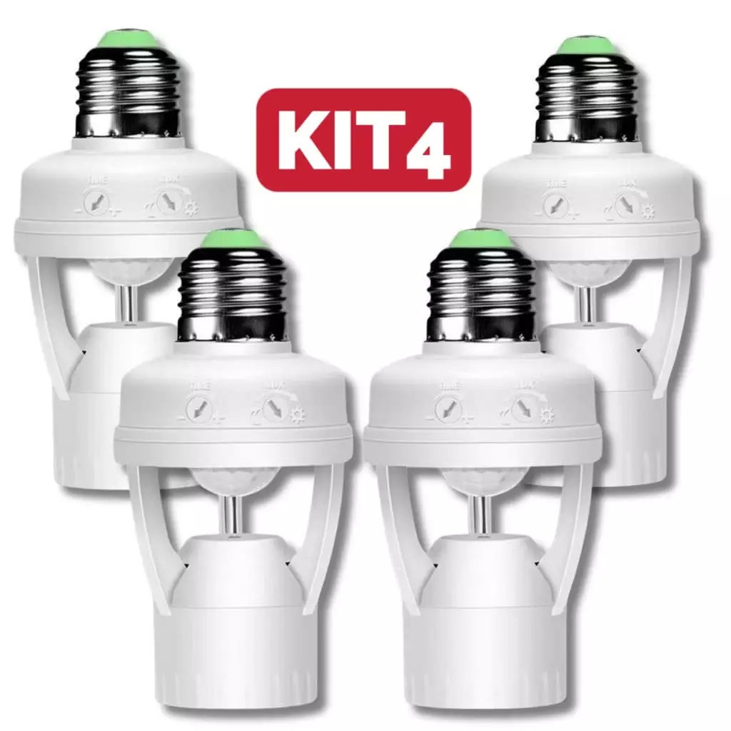 Kit 1/2/3/4 Sensor de Presença com Detector PIR e Controle de Luminosidade – Soquete E27 Bivolt Liga/Desliga Automático