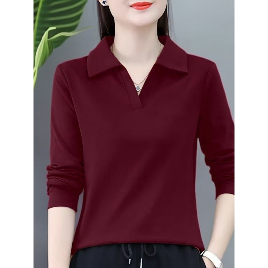 Camiseta feminina de manga comprida com gola polo para idosos de meia-idade 2026 primavera outono estilo ocidental All-M