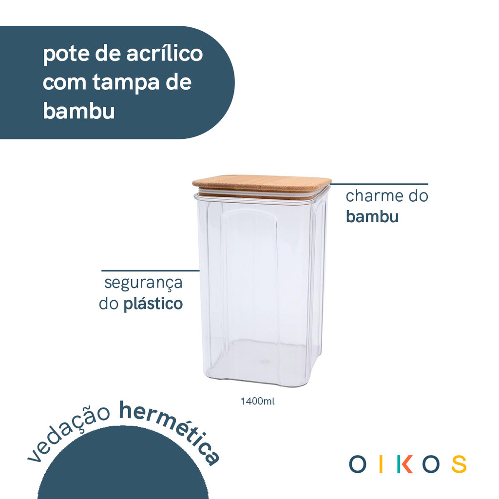 Pote de acrílico 1,4L com tampa de bambu transparente quadrado - Oikos · foto 2