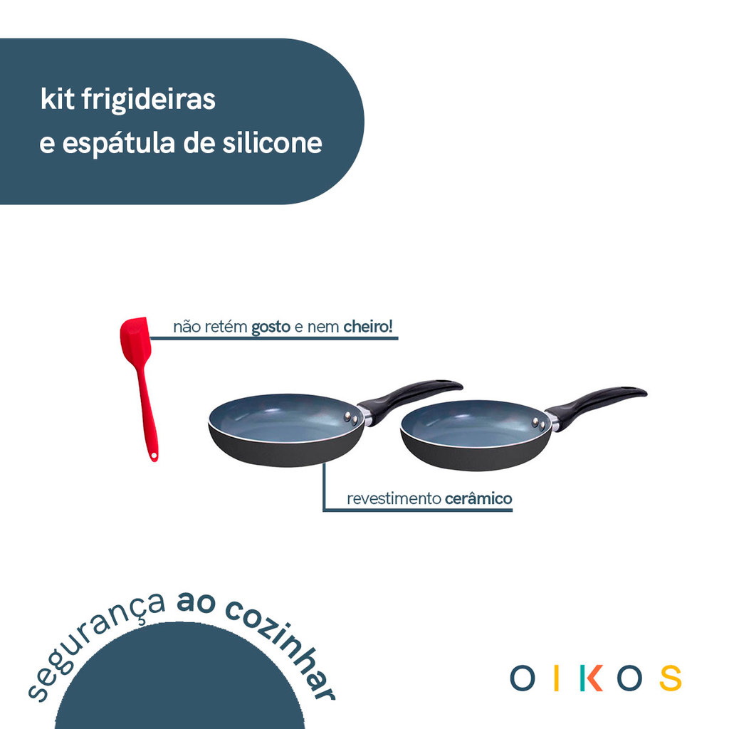 jogo de frigideiras 2 pçs antiaderentes cerâmica e alumínio e espátula de silicone - oikos — imagem 2 de 2