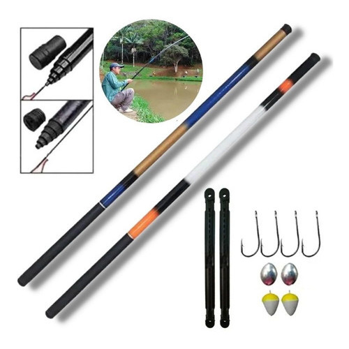 Kit de Pesca Completo 2 Varas Telescópica Lisa 3,00 Metros 40% Carbono Leve Boia Anzol E Chumbo