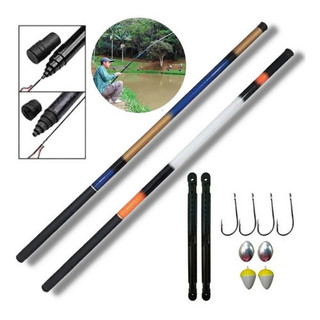 Kit de Pesca Completo 2 Varas Telescópica Lisa 3,00 Metros 40% Carbono Leve Boia Anzol E Chumbo