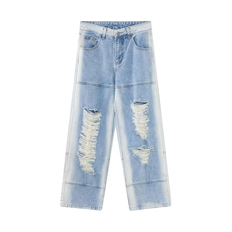 Calças jeans rasgadas estilo americano para homens, novo estilo de verão, soltas, com caimento fluido, corte reto, que a