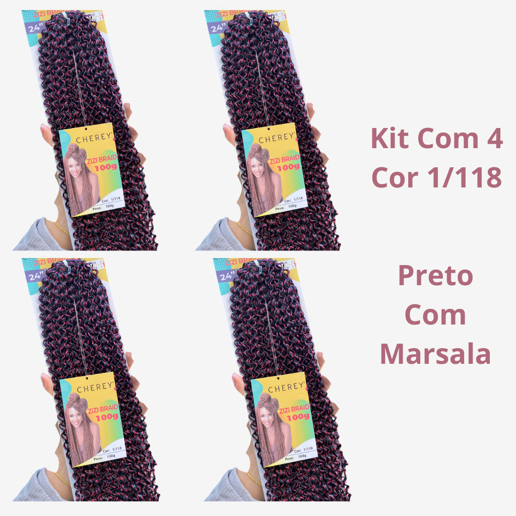 Kit 4 Pacotes De Cabelo Miojinho (Cor 1/118 Preto Com Marsala) Total 400G Tranças Micro Zizi Kanekalon