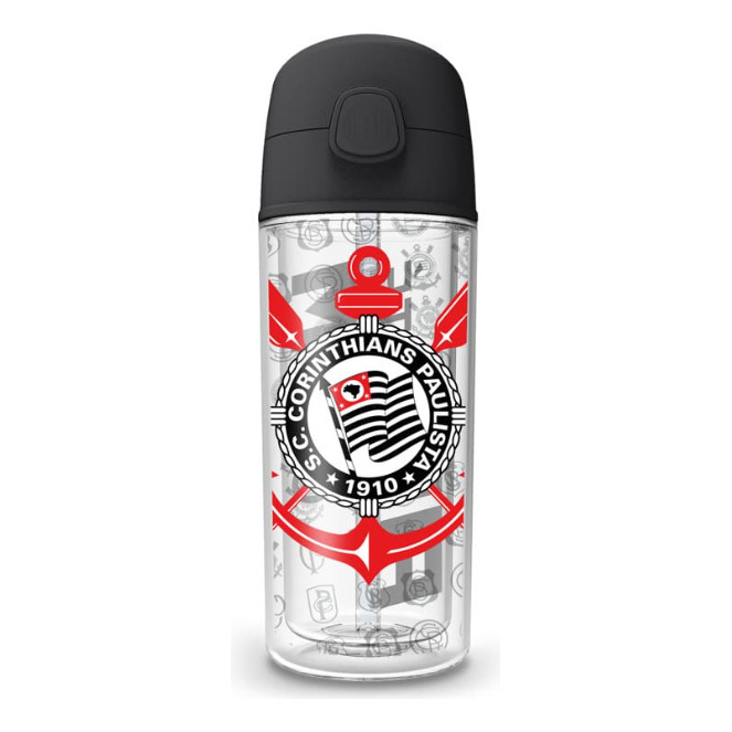 Garrafa Infantil Corinthians 270ml Preto Com Canudo Silicone Helsim