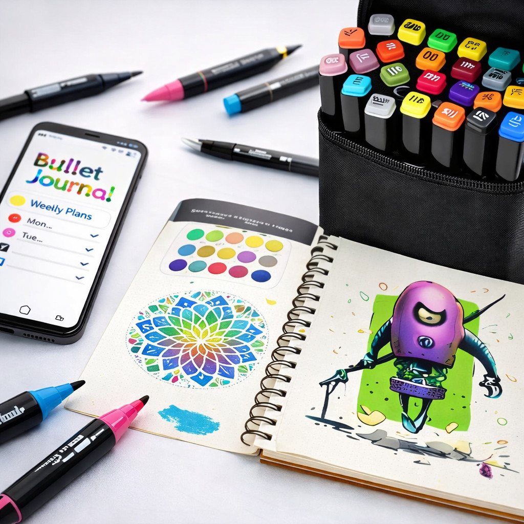 Caneta Ponta Dupla 24 Cores Kit Colorido com Estojo para Desenho Mandala e Bullet Journal