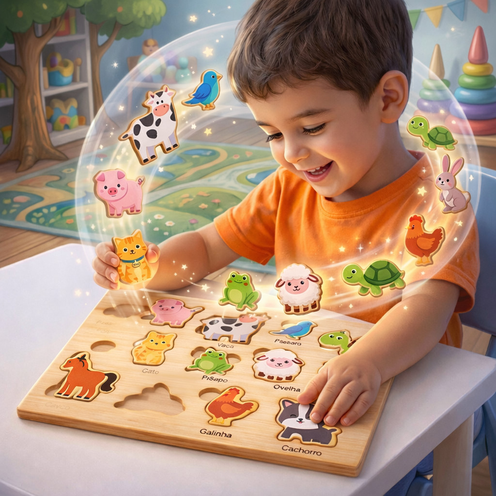 Quebra Cabeça Infantil Educativo Tabuleiro de Encaixe Didático Animais