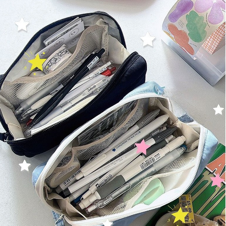 Grande capacidade estudante papelaria lápis caso simples preto azul Multi-camada saco de papelaria estudante saco de arm