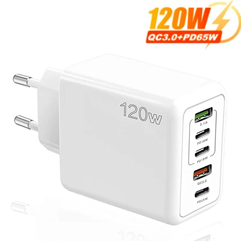 Carregador USB Tipo-C PD de 120W com 5 portas, carregador rápido para celular USB-C, adaptador de carregador de parede p