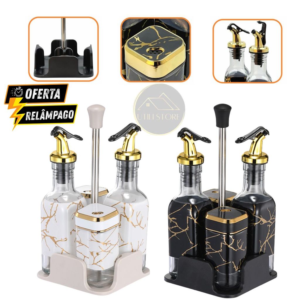 Kit Galheteiro De Mesa Vidro Marmore Porta Azeite Vinagre Óleo Saleiro Paliteiro Grande 4 Peças
