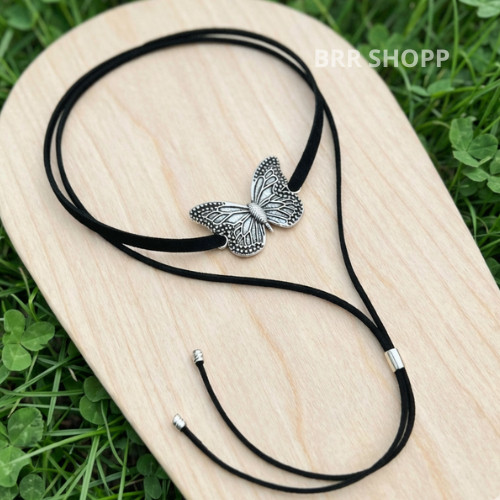 Colar Gargantilha Western Country Boiadeira Borboleta Ajústavel Em Couro Camurça Chic Banho Aço 316L