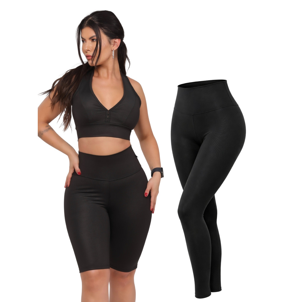 Kit Conjunto De Academia Feminino com elasticidade Bermuda + Top + Calaça Legging Poliester com Elastano Ideal Academia