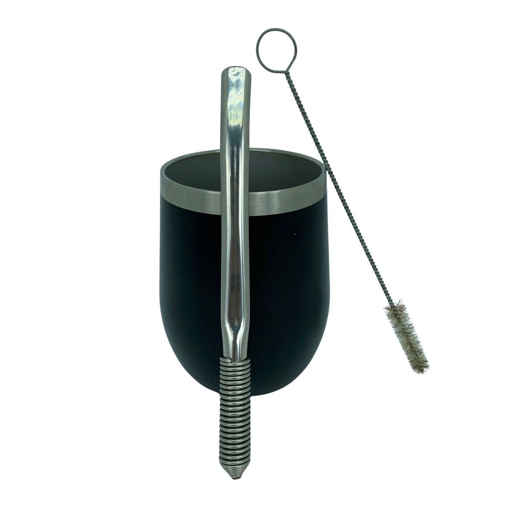 Kit tereré copo cuia térmico 350ml parede dupla inox preto + bomba mola sem rosca desmontável prata + escova higiênica