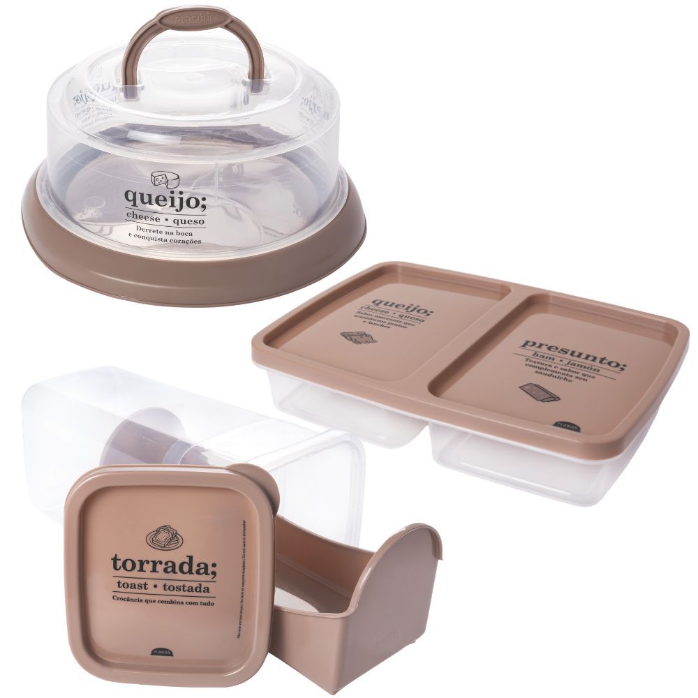 Kit Porta Torradas com Gaveta Deslizante, Porta Frios e Queijeira com Base de Rosca 3 peças Bege Plasutil