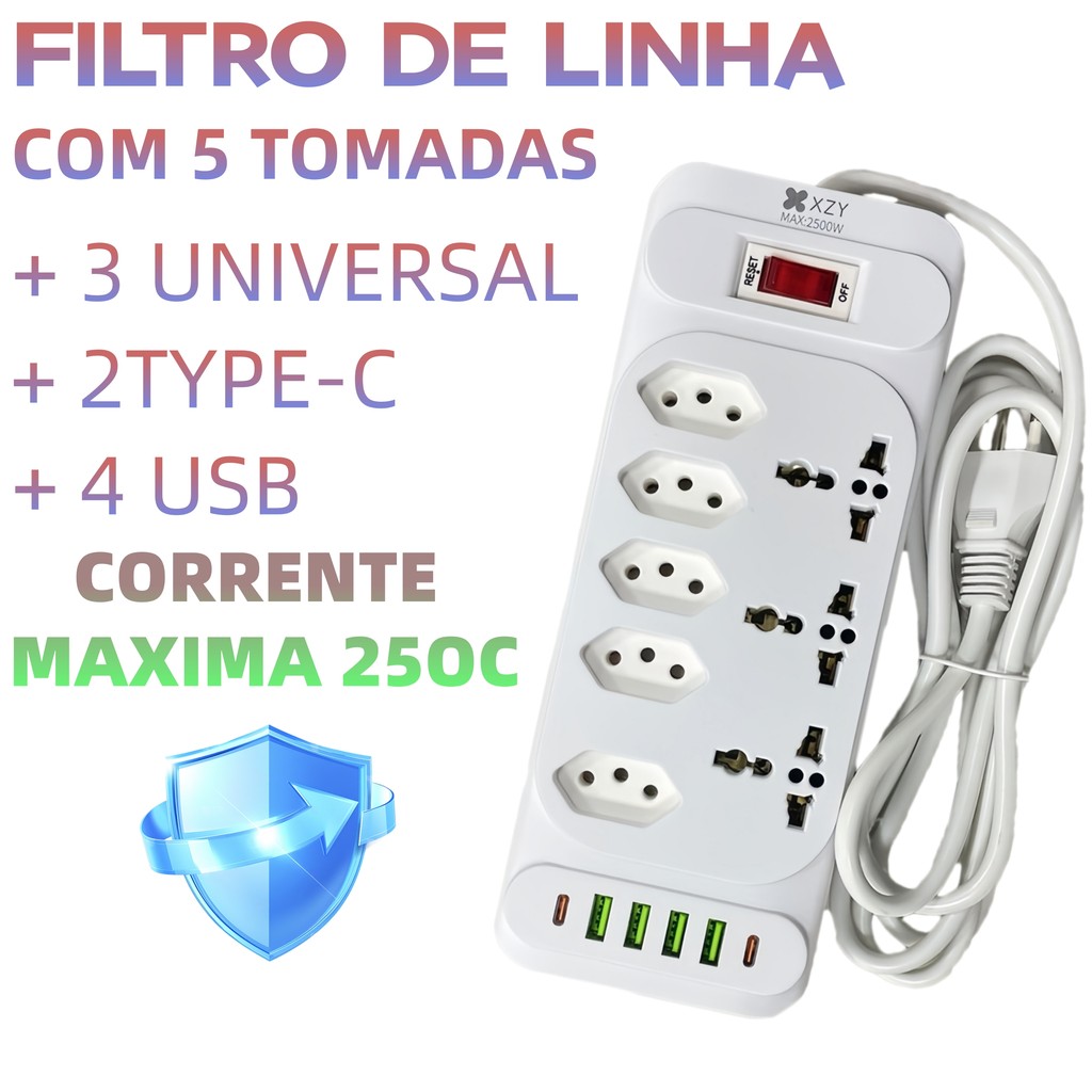 Régua Filtro de Linha com 8 Tomadas Extensão Elétrica 3 Universal 4 U 2 Type c 10A 110V/220V 2/3/5M em Oferta na Shopee