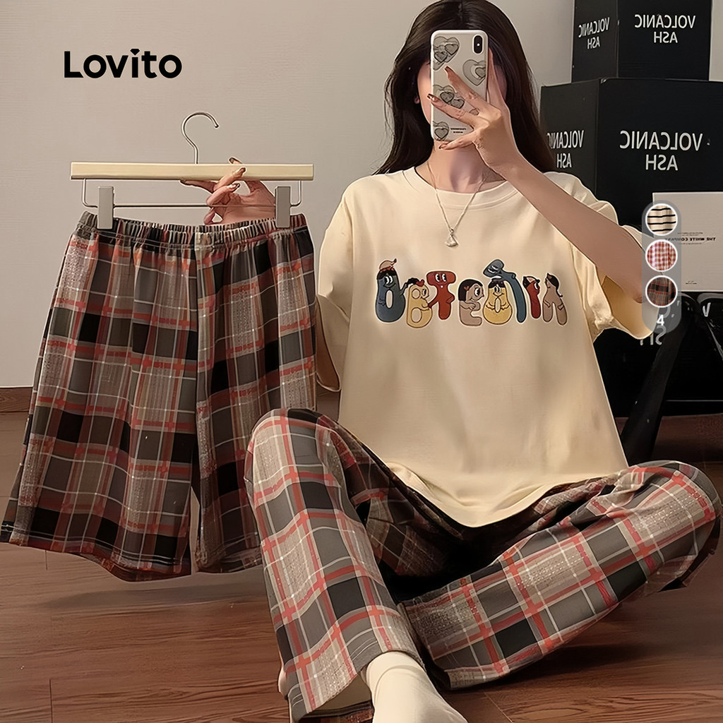 Lovito Conjunto De Pijama Casual De 3 Peças Xadrez Dia a Dia Composto Por Blusa Calça E Shorts Usar Em Casa LNE134010 em Oferta na Shopee
