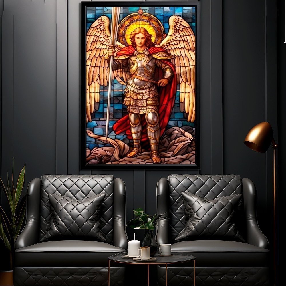 Quadro Decorativo 115x80 Grande Luxo São Miguel Arcanjo Estilo Vitral Sala Quarto Casa Decoração