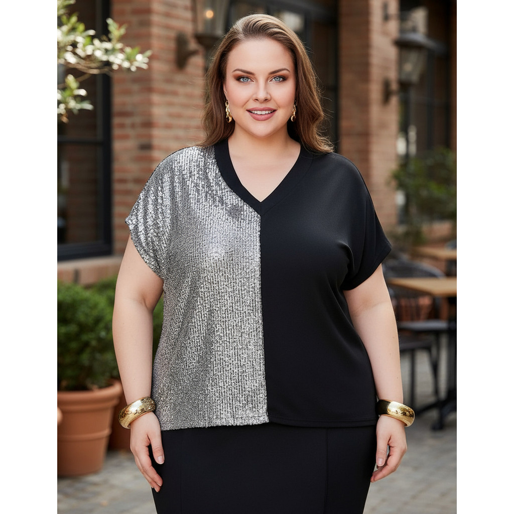 Blusa Feminina Lateral Em Paetê Plus Size Slim Brilho Festa