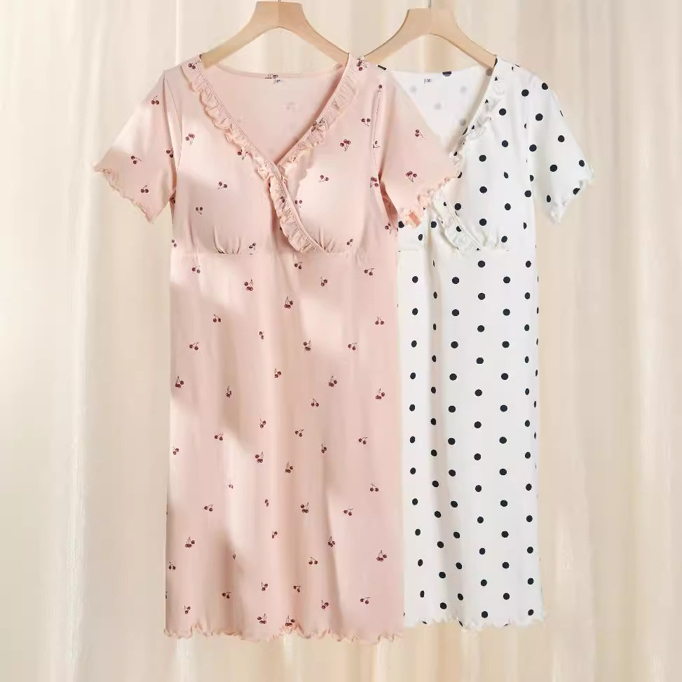 88123 Camisola de maternidade feminina de algodão puro com almofada no peito, pijama fino de manga curta para amamentaçã