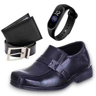 Kit Sapato Social Infantil Masculino + Cinto + Carteira + Relógio Visual Elegante Dia a Dia