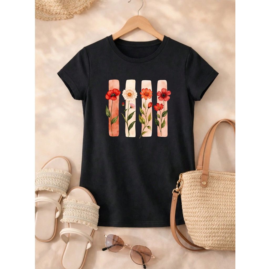 Camiseta Feminina Floral Estampada Blusa 100% Algodão Casual Moda Verão