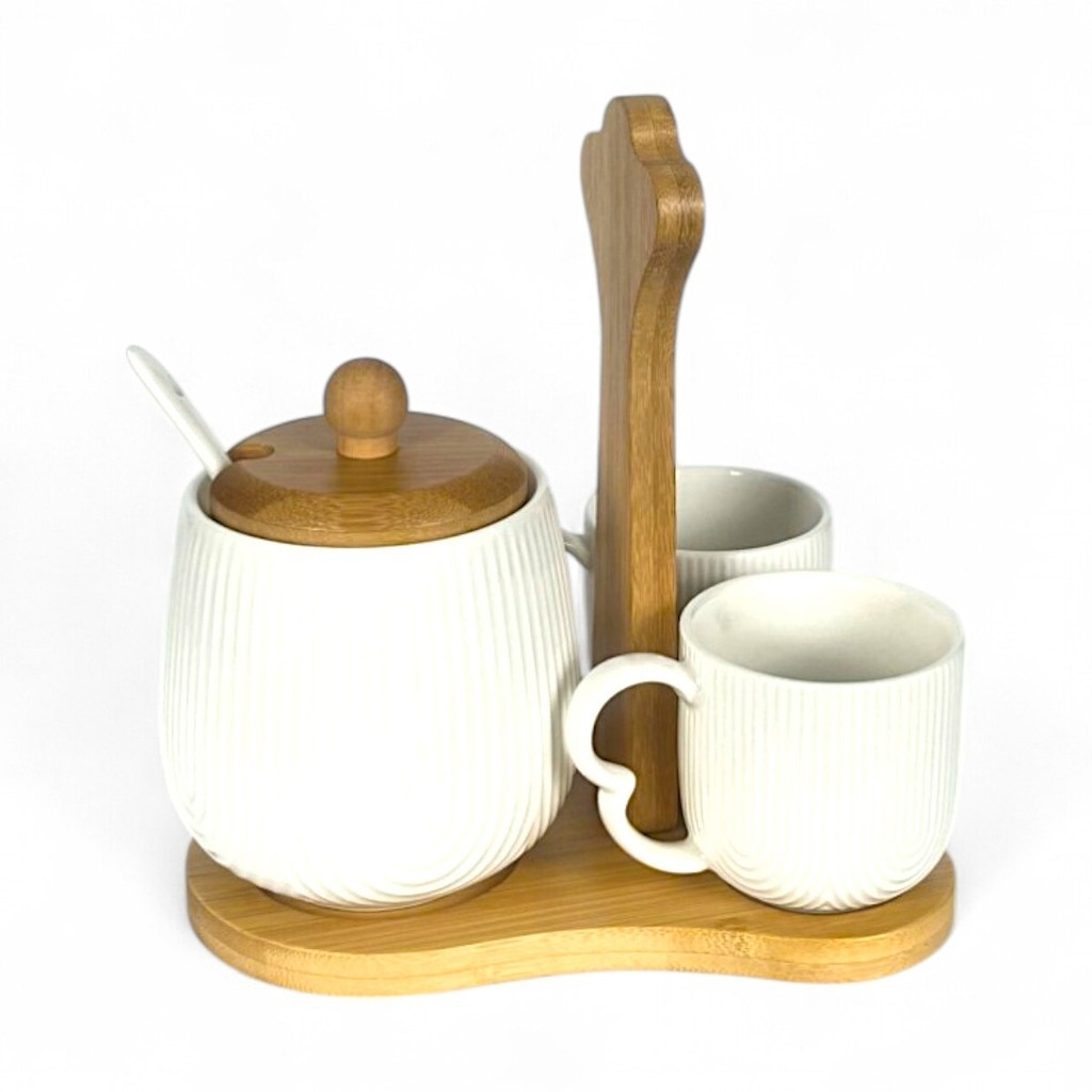 Jogo Xícaras Café Oásis 90ml Com Açucareiro E Suporte Bambu