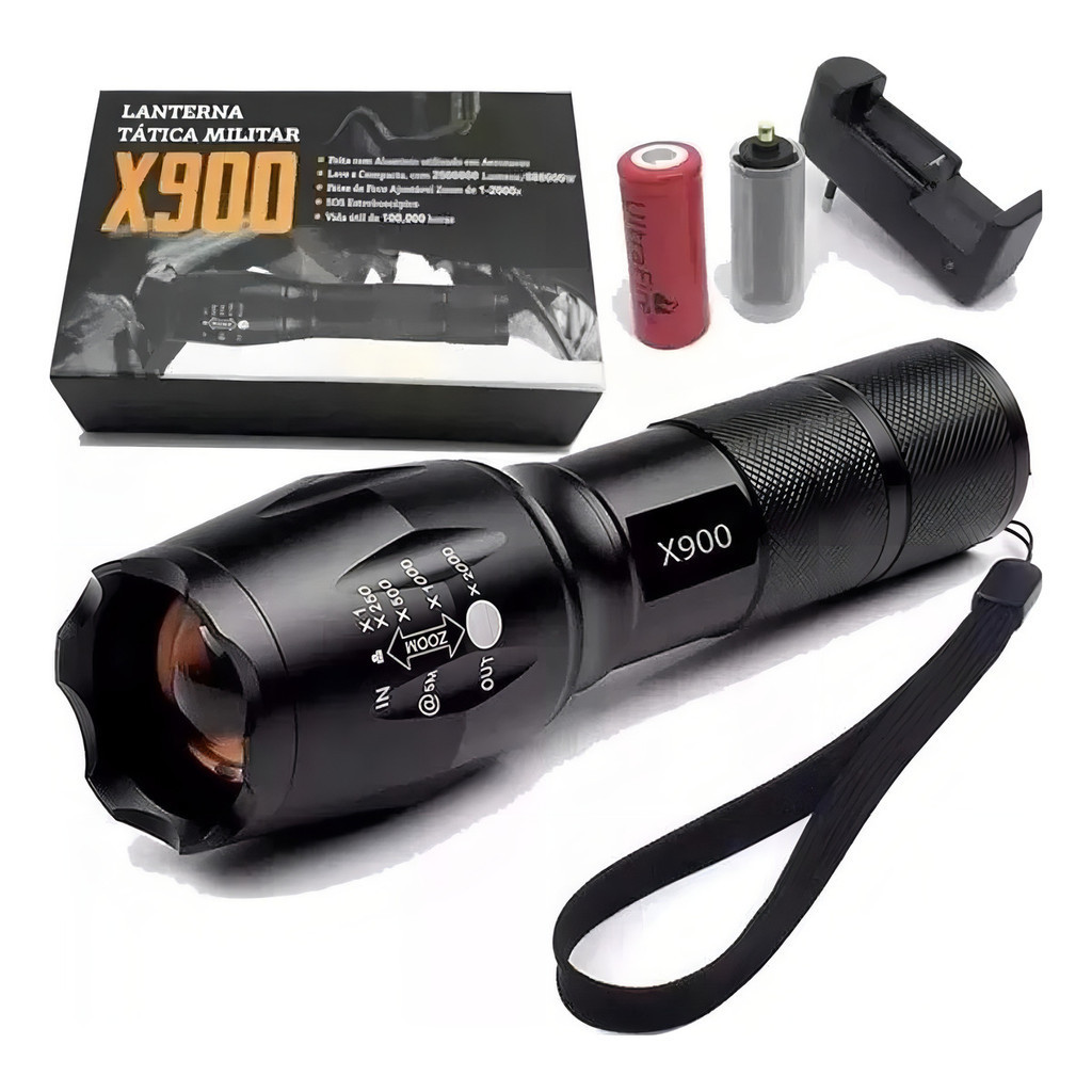 Lanterna Recarregável Tática X900 Led Potente Com Super Zoom Cor Da Lanterna Preta Cor Da Luz Branco Fluoreled