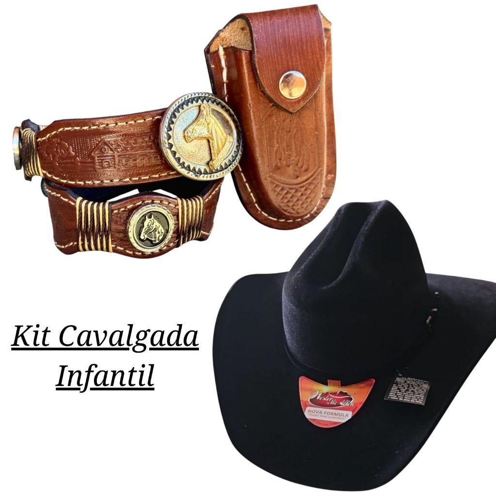 Kit Cavalgada Infantil Chapéu + Cinto Country Couro + Bainha Canivete Premium Couro Criança