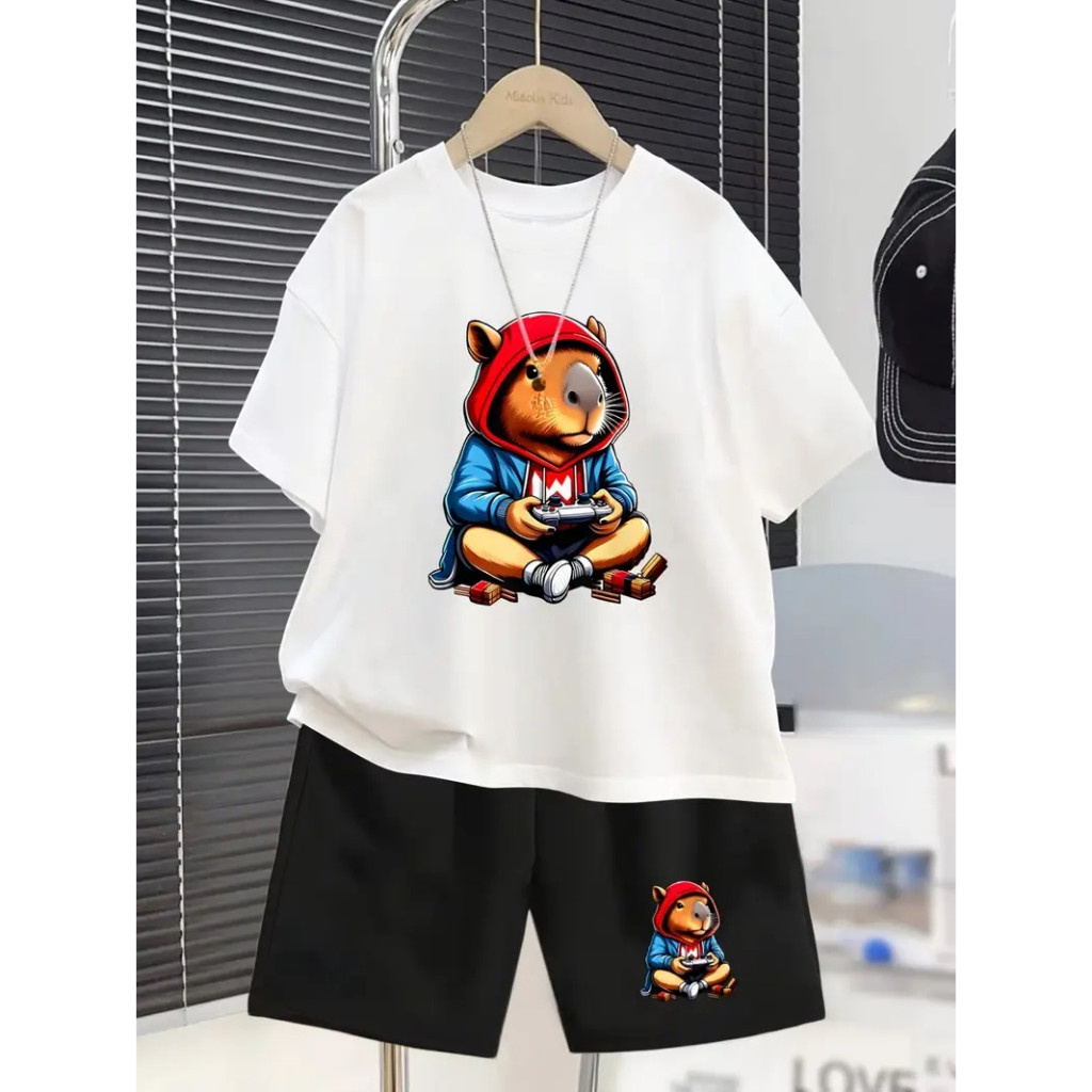 Conjunto  Short Tectel+Camiseta Algodão Premium Casual e Divertida Capybara Gamer