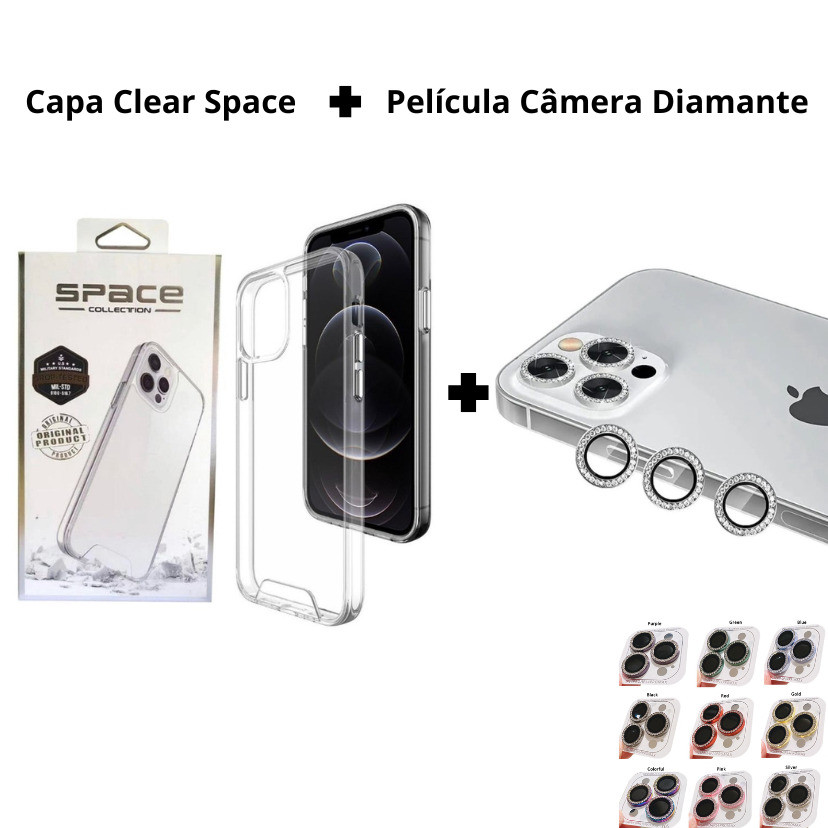 Kit Case Transparente Clear Space + Lente Diamante iPhone 14 15 16 Plus - Vibe