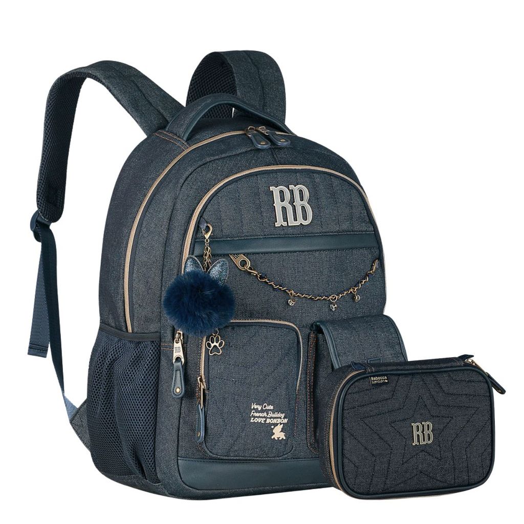 Kit Mochila Costa Rebecca Bonbon Jeans Estojo Box Necessaire