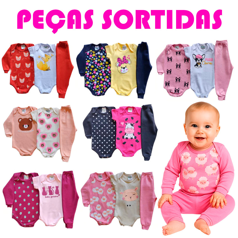 Kit 3 a 12 Peças Roupa de Bebê Sortido Body de Bebê MENINA Manga Longa– Conjunto de Bebê INVERNO RN–GG em Oferta na Shopee