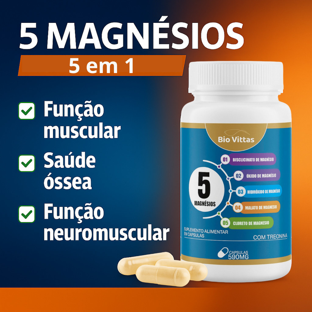 5 Magnésios 590Mg (Malato/Óxido/Cloreto/Treonato/Bisglicinato/Hidróxido) - Bio Vitas